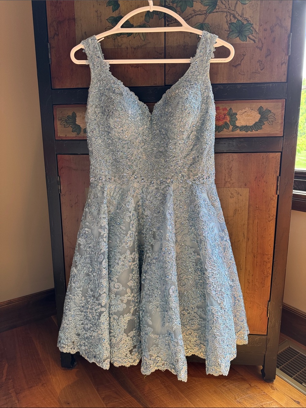 Sherri Hill Light Blue Lace Fit & Flare Prom Dress